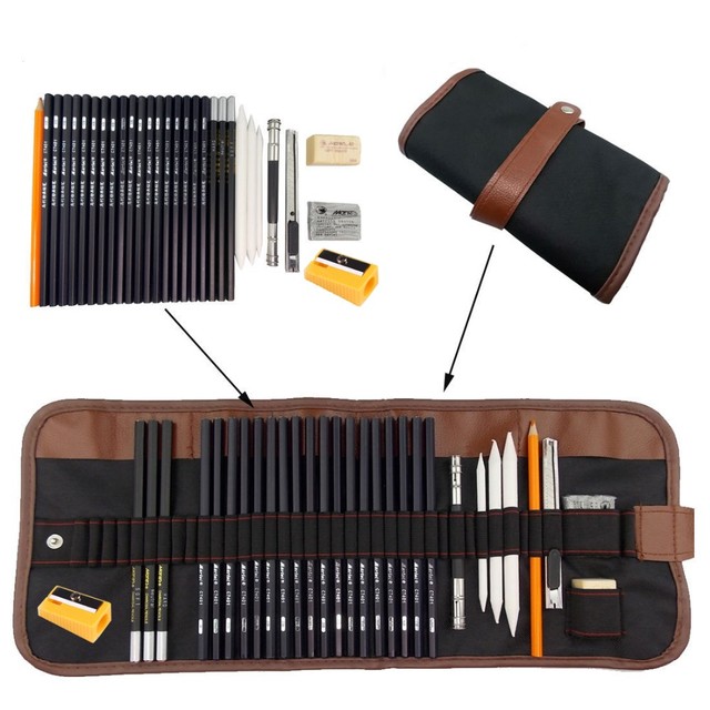 31pcs/set Portable outdoor drawing art supplies Sketch Pencils case  Charcoal Eraser Cutter Kit Bag Art